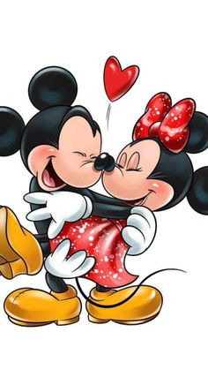 mickey and minnie kissing each other with hearts flying out of the air above them on a white background