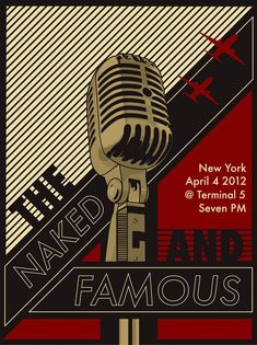 an old microphone with the words naked and famous on it's front cover, next to a red background