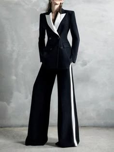 Spring/Fall Urban Contrast Stitching Polyester No Elasticity Long Sleeve Shawl Collar X-Line Regular Blazers for Women Pantsuits For Women Prom, Formal Suits For Women, Mc Donald's, Black And White Suit, Woman Suit, Urban Chic Fashion, Tuxedo Women, White Tuxedo, White Suit