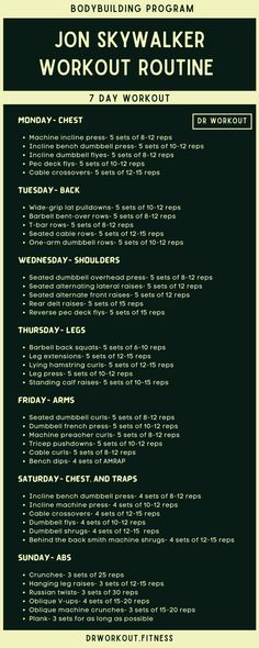 Jon Skywalker’s Workout Routine 6 Day Workout Split Men, 6 Days Workout Plan Gym, 6 Day Workout Split Routine, Jon Skywalker, Workout Charts, Split Routine