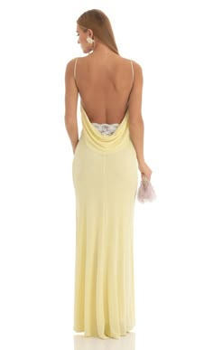 Mira Lace Open Back Maxi Dress in Yellow | LUCY IN THE SKY Light Yellow Prom Dress, Yellow Formal Dress, Light Yellow Dresses, Silk Yellow Dress, Yellow Long Dress, Silk Prom Dress, Yellow Bridesmaid Dresses, Prom Dresses Yellow, Low Back Dresses