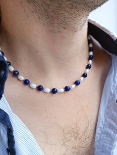 Pearl necklace mens,Blue lapis beaded y2k choker,Secret Santa gift,Christmas boyfriend gift,Mens lapis lazuli gemstone & real pearl necklace by JewelryByElisForMen on Etsy Christmas Boyfriend, Necklace Mens, Lapis Lazuli Gemstone, Secret Santa Gift