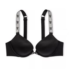 New With Tags And Still Has Its Original Packaging! Go For The Bold: This Maximum-Lift Push-Up Bra Showcases Our New Monogram Shine Straps, Plus A Peekaboo Crisscross Detail At The Front. - Lift & Lining - Maximum Lift (Adds Up To 2 Cup Sizes) - Underwire - Straps & Hooks - Adjustable Straps - Back Hook-And-Eye Closures Details & Fabric - Rhinestone Monogram Logo Shine Straps - Partially Made From Recycled Materials - Hand Wash - Imported Fitted Silver Bra, Bedazzled Bra, Rhinestone Bra, Sleep Bra, Victoria Secret Bras, Bra Straps, Monogram Logo, Bra Set, Push Up Bra