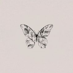 a black and white drawing of a butterfly with flowers on it's back side