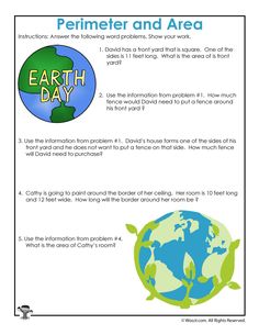 an earth day worksheet with the words perimeter and area