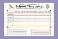 a printable school timetable with pencils and paper on the top, in front of a