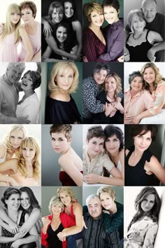 many different pictures of people and one is hugging the other with their arms around each other