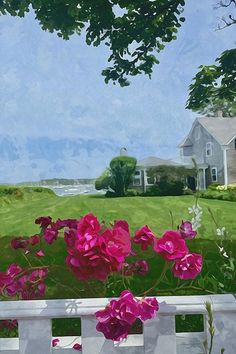 a painting of pink flowers in front of a white picket fence with a house in the background