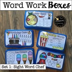 four ice cream themed word work boxes with the words birthday cake and cupcakes