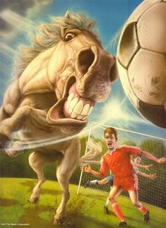 a painting of a horse chasing a soccer ball with its mouth open and two children playing in the background