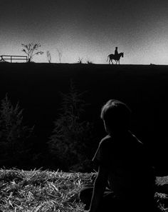 a person sitting on the ground with a horse in the background