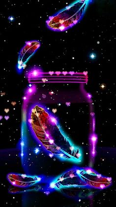 a jar filled with colorful lights and feathers flying through the air in front of stars