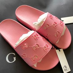 Gucci Women's Pink Slip On Slide Sandals All Rubber Item 573922 Gg Cut Out Pattern Comes With Box Brand New And Authentic Gucci Pink, Shoes Gucci, Rubber Sandals, Box Branding, Gucci Shoes, Heels Shoes, Slide Sandals, Women's Shoes Sandals, My Aesthetic