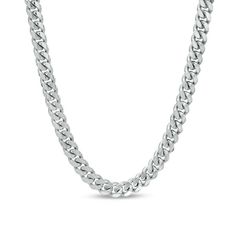 A contemporary style from Vera Men, this Cuban chain necklace adds casual sophistication to his look. Crafted in sterling silver, this solid 6.2mm-wide choice features Cuban curb links and chevron-detailed caps. The Vera Men inscription on the clasp assures an authentic, masterful design. Polished to a bright shine, this 22.0-inch necklace secures with a lobster claw clasp. Designed for the Diamond Store®. Link Chain Zales, Classic Cuban Link Necklace With Polished Finish, Classic Polished Cuban Link Necklace, Classic Chain Link Necklace With Polished Finish, White Gold Cuban Link Chain Necklace With Polished Finish, Modern Sterling Silver Cuban Link Chain Necklace, White Gold Cuban Link Necklace With Box Chain, Modern Silver Cuban Link Necklace With Box Chain, Modern Necklace With Solid Cuban Link Construction