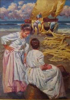 an oil painting of two women on the beach