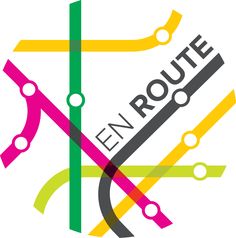 the logo for en route, with scissors in multicolored lines on white background