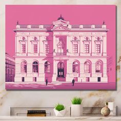 a pink and white building with people standing in front of it on a marble wall