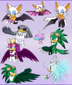 several different types of cartoon characters with wings and tails on their heads, in various poses