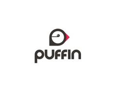 the logo for puffin is shown in black and red on a white background, with an image of a bird's head