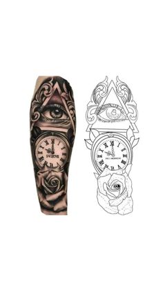 a tattoo with an eye and clock on the side of it, next to a drawing of