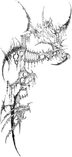 a black and white drawing of an animal's head with spikes on its back