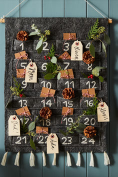 a christmas calendar hanging on a wall with pine cones and evergreens in the middle