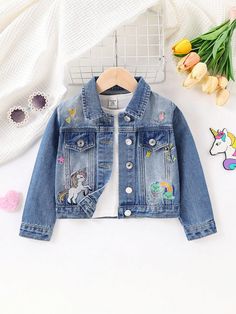 Young Girl Medium Wash Denim Jacket With Floral & Rainbow Embroidery Medium Wash   Long Sleeve Denim Animal,Cartoon,Plants Other Non-Stretch  Young Girls Clothing, size features are:Bust: ,Length: ,Sleeve Length: Overalls Flare, Rainbow Embroidery, Floral Rainbow, Stand Collar Top, Hem Sweater, Sweater Vest Women, Animal Cartoon, Sweatshirt Set, Retro Women