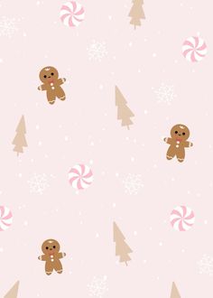 a pink christmas wallpaper with gingerbreads and candy canes in the background