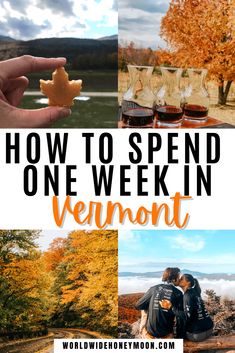 the words how to spend one week in vermont with images of fall trees and wine glasses