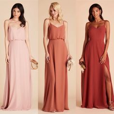 three bridesmaid dresses in different colors, one is pink and the other is peach