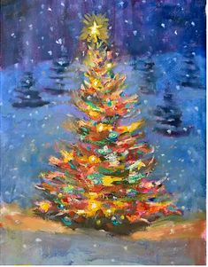 a painting of a christmas tree in the snow