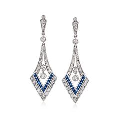 Ross-Simons - C. 1990 Vintage .80ct t. w. Diamond, .75ct t. w. Sapphire Drop Earrings. C. 1990. Sleek and lovely in every way, our Estate collection drop earrings are a must for your refined jewelry box. Kite-shaped drops, reminiscent of elegant chandeliers, are coated with .80 ct. t. w. round diamonds. Dual lines of .75 ct. t. w. square sapphires pop in the midst of the diamond glow. Crafted in rich platinum. Hanging length is 1 1/2". Post/clutch, sapphire and diamond drop earrings. Exclusive, Vintage Jewelry 1920, Box Kite, Sapphire Drop Earrings, Sapphire Birthstone, Elegant Chandeliers, Deco Earrings, Art Deco Earrings, Diamond Drop Earrings, Vintage Diamond