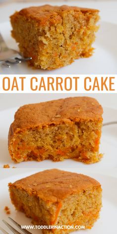 two pictures of carrot cake on a white plate