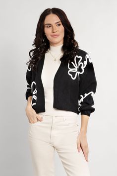 Squiggly Lines, Short Sweater, Floral Cardigan, Fashion Marketing, Black Acrylics, Trendy Accessories, Floral Motifs, Cropped Cardigan, Sweater And Shorts