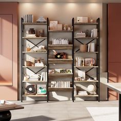 a living room filled with lots of furniture and bookshelves next to a window