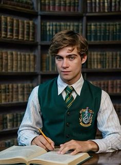 a young man sitting at a desk with an open book and pen in his hand