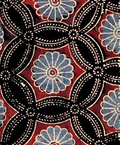 an artistic design with blue and red flowers on black ground, in the style of art nouveauism