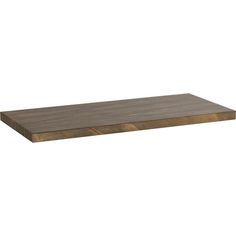 a wooden shelf with metal trim on it