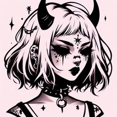 a drawing of a girl with horns and piercings on her face is shown in black and white