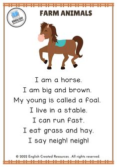 the farm animals poem is shown with an image of a horse on it's back