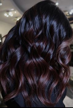 Burgundy Colour Hair, Deep Brown Burgundy Hair Color, Burgundy Brown Highlights, Chocolate Burgundy Hair Brunettes, Hair Color Ideas For Long Black Hair, All Dark Hair, Dark Brown Hair With Red Violet Balayage, Fall Hair Ideas For Brunettes Dark Brown, Dark Mahogany Brown Hair With Highlights