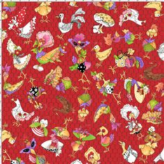 a red background with lots of cartoon animals on it