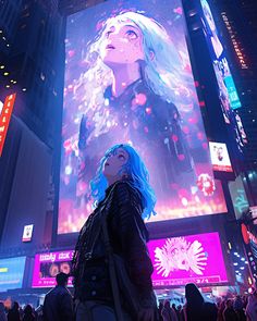 a woman with blue hair standing in front of a large screen on a city street