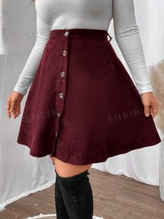 Style:Casual \nType:Flared \nDetails:Button Front \nColor:Burgundy \nPattern Type:Plain \nWaist Line:High Waist \nLength:Short \nTemperature:Spring/Fall (18-25��℃/63-77℉) \nFit Type:Regular Fit \nFabric:Non-Stretch \nMaterial:Fabric \nComposition:100% Polyester \nCare Instructions:Machine wash or professional dry clean \nSheer:No \n Skirt Casual, Plus Size Skirts, Casual Everyday, A Line Skirt, A Line Skirts, Casual Skirts, Style Casual, Everyday Wear, High Waist