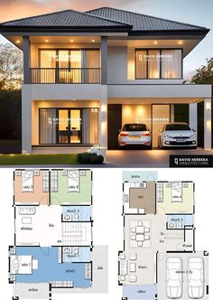 two story house plans with garage and living room in the middle, one bedroom on each floor