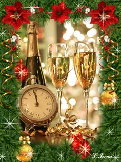 two glasses of champagne and an alarm clock on a table with christmas decorations in the background