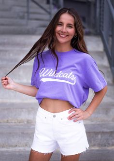 - Comfort colors. -Unisex sizing. -Relaxed Fit Officially licensed by K-State Athletics K State, Hair Accessories Gift, Dress Romper, Hat Hairstyles, Wild Cats, Comfort Colors, Jean Jacket, Extra Large, Lavender