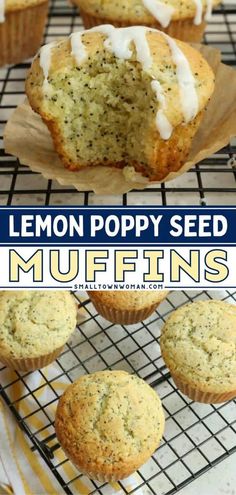 lemon poppy seed muffins are cooling on a wire rack with the title above it