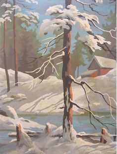 a painting of snow covered trees and water