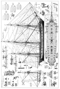 an old drawing of a boat that is being constructed into a structure with lines on it